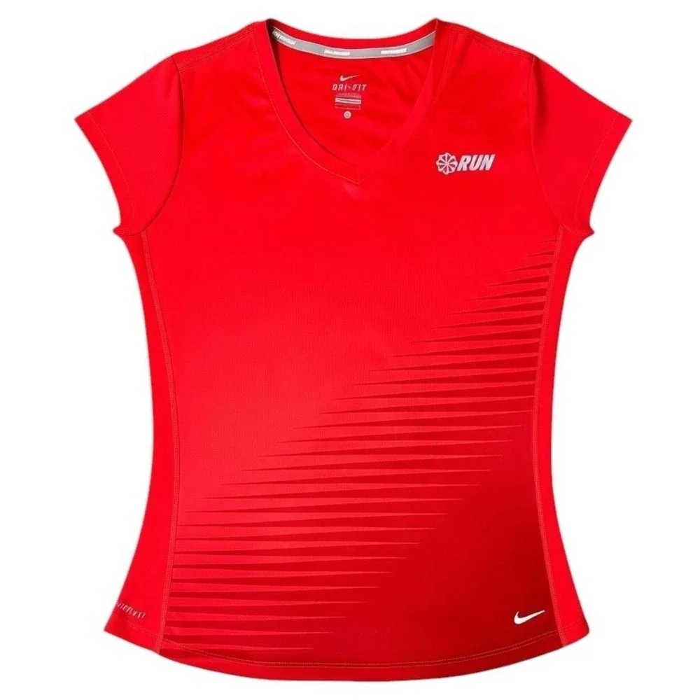 Nike Dri-FIT Running Shirt Womens Large Red V-Neck Graphic Tee Excellent